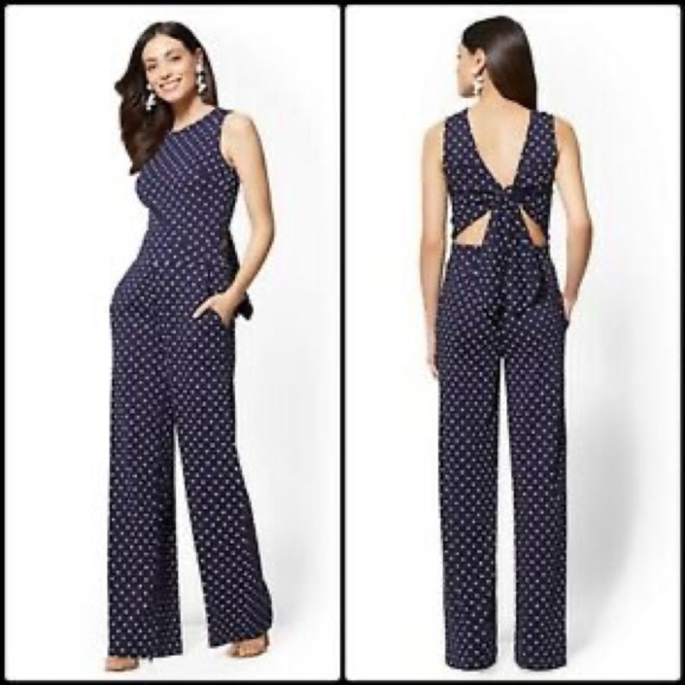 NY&C Navy & White Polka Dot Tie-Back Jumpsuit Sz M
